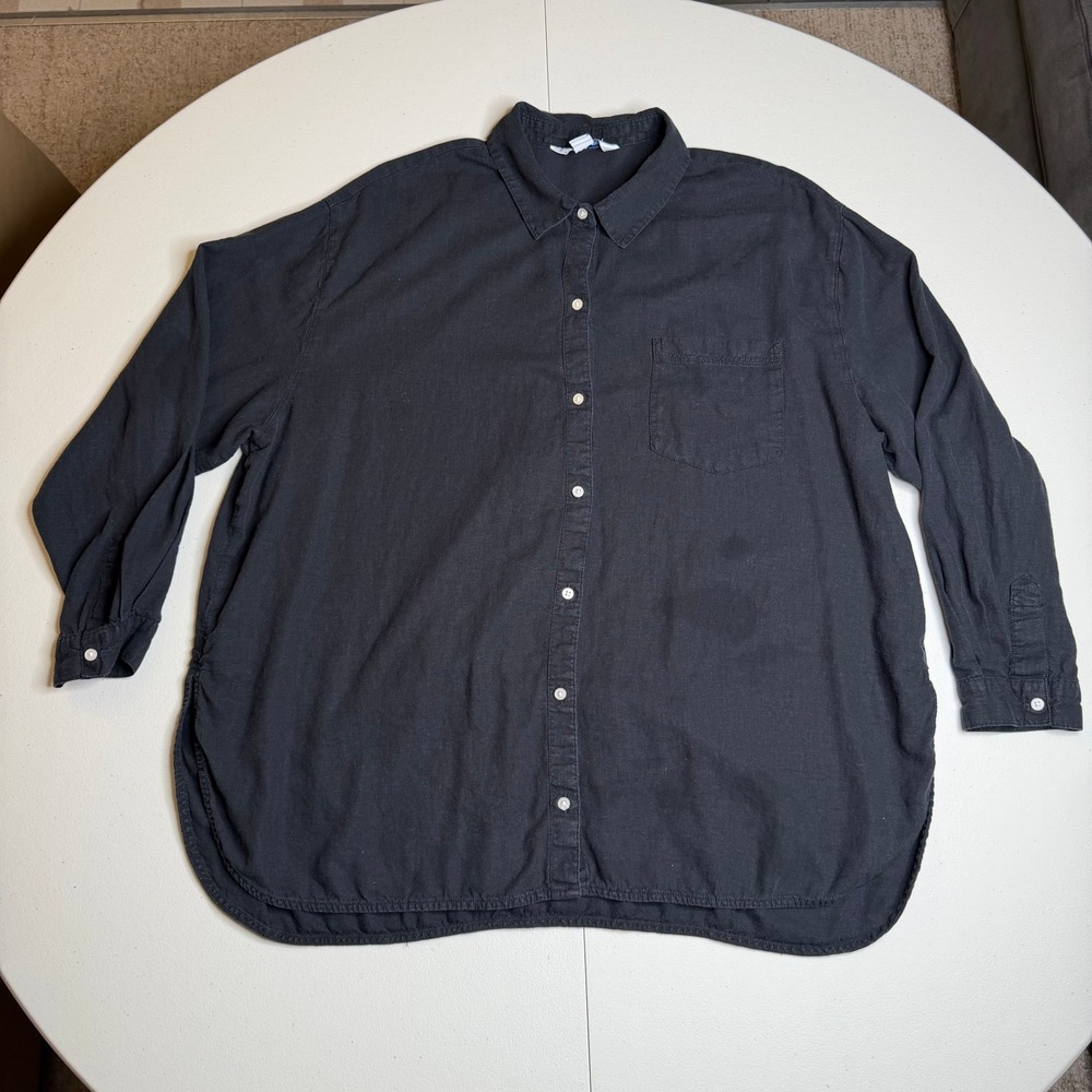 Old Navy The Boyfriend Womens XL Shirt Black Linen Blend Button Down Long Sleeve